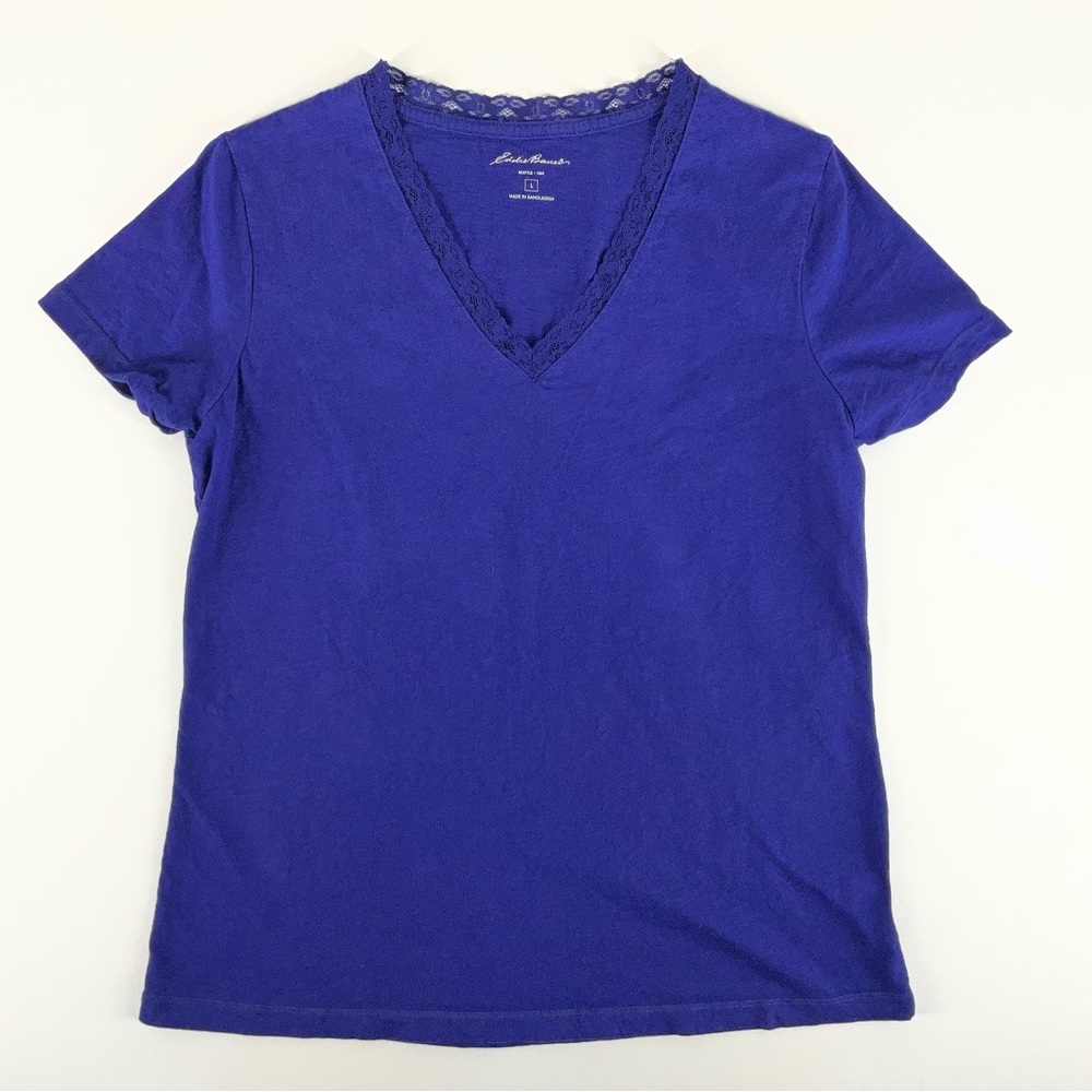 Eddie Bauer Women's‎ Lace Trim V-Neck Cotton Tee — Royal Blue Size Large